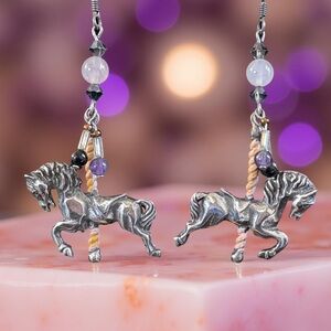🆕 Vintage Sterling Silver Carousel Horse Earrings | Rose Quartz & Amethyst